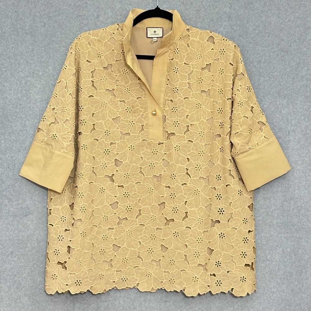 Tuckernuck Womens Top XXL Willow Tan Floral Eyelet Guipure Lace Feminine Elegant